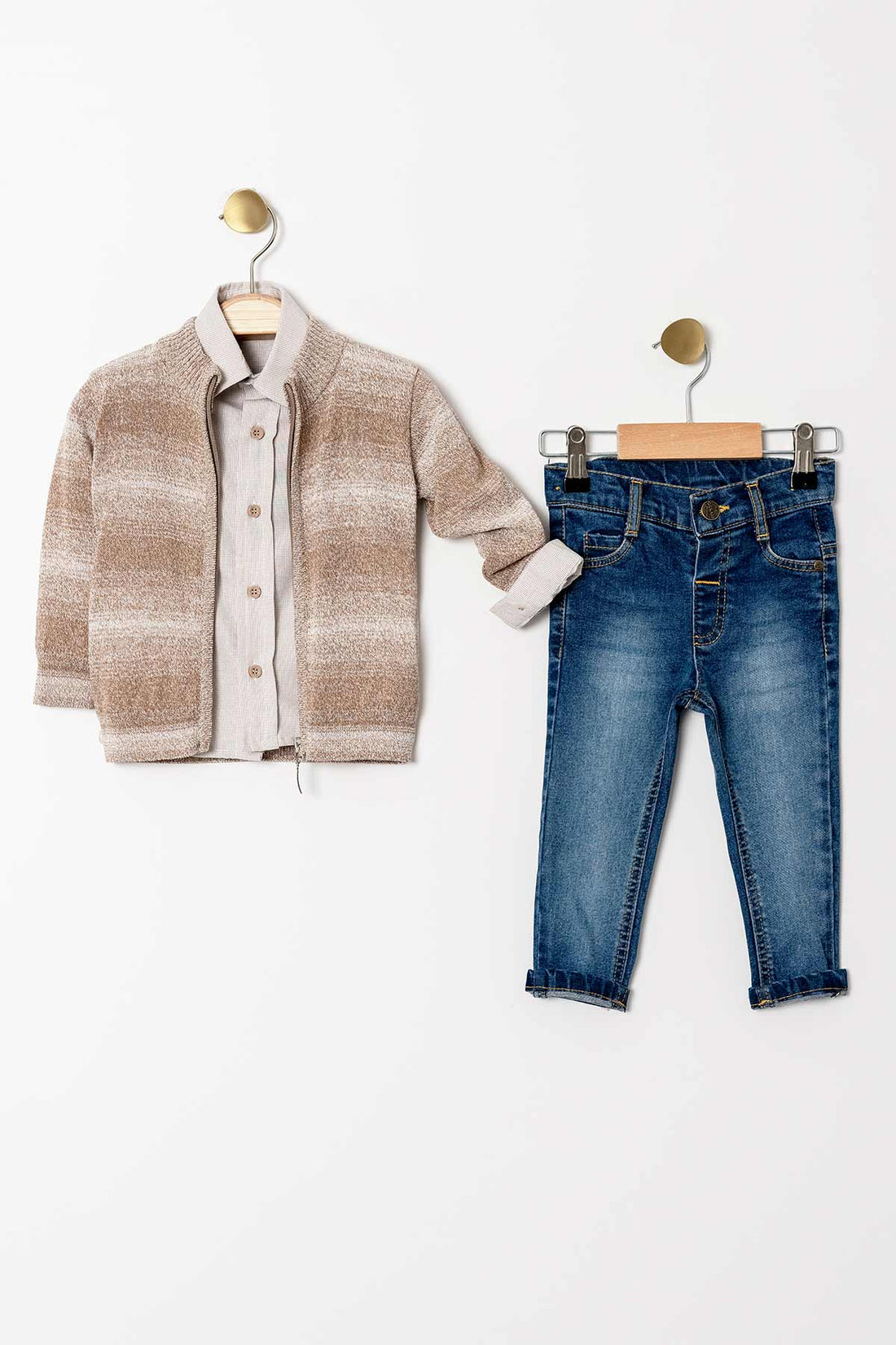 Fermuarlı Desenli Akrilik Kumaş 3 Parça Erkek Çocuk Triko Takım