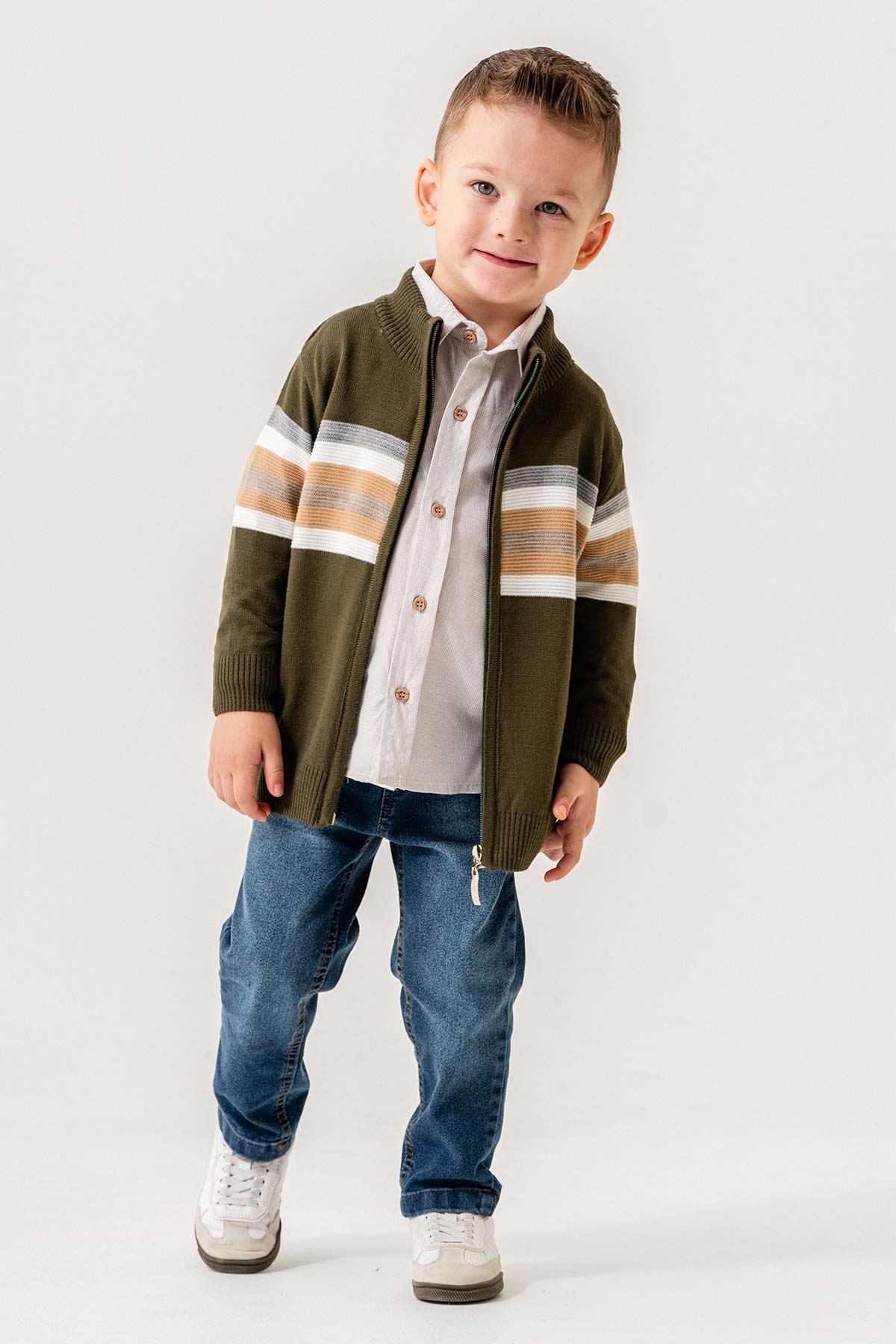 Fermuarlı Dik Yaka Akrilik 3 Parça Erkek Çocuk Triko Takım