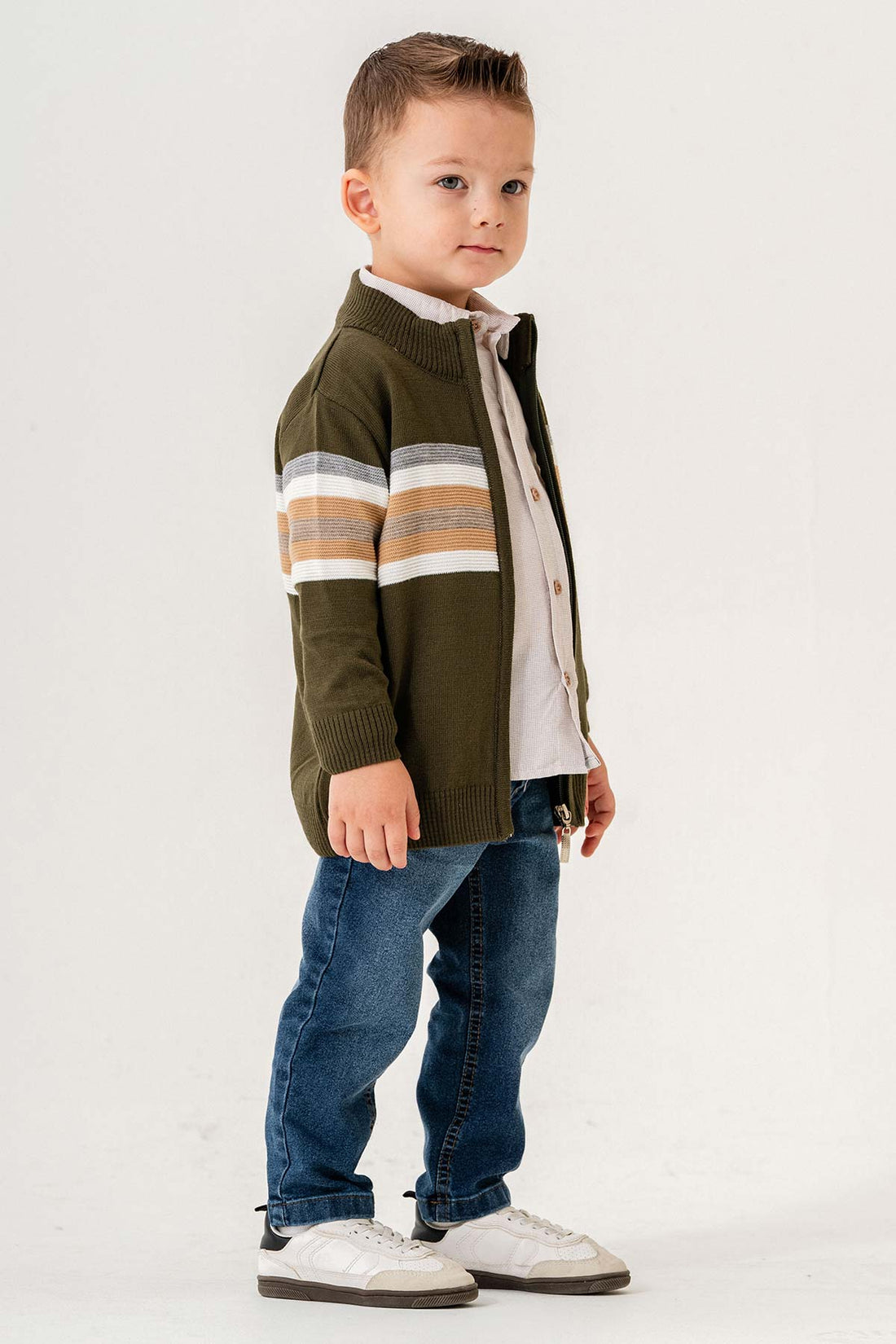 Fermuarlı Dik Yaka Akrilik 3 Parça Erkek Çocuk Triko Takım