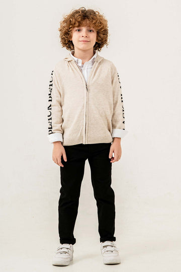 Kapüşonlu Fermuarlı Akrilik 3 Parça Erkek Çocuk Triko Takım