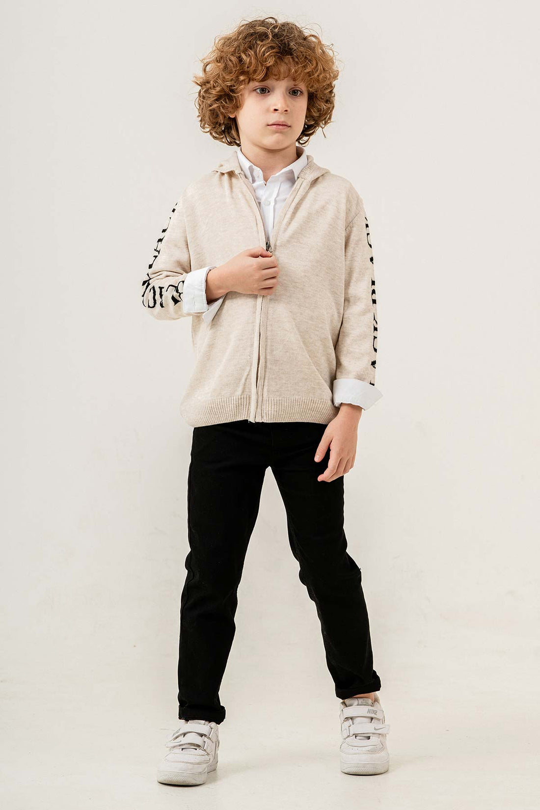 Kapüşonlu Fermuarlı Akrilik 3 Parça Erkek Çocuk Triko Takım