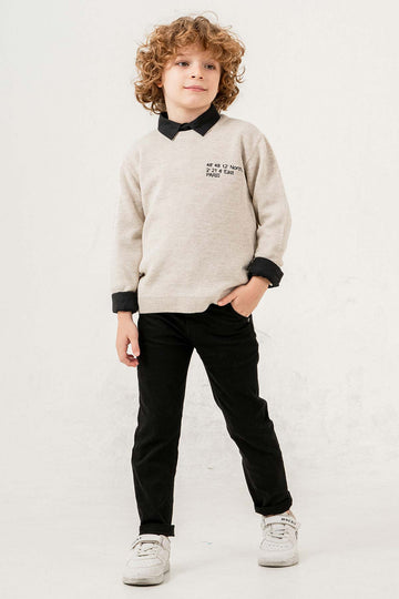 Pantolon & Gömlekli Baskılı 3 Parça Erkek Çocuk Triko Takım