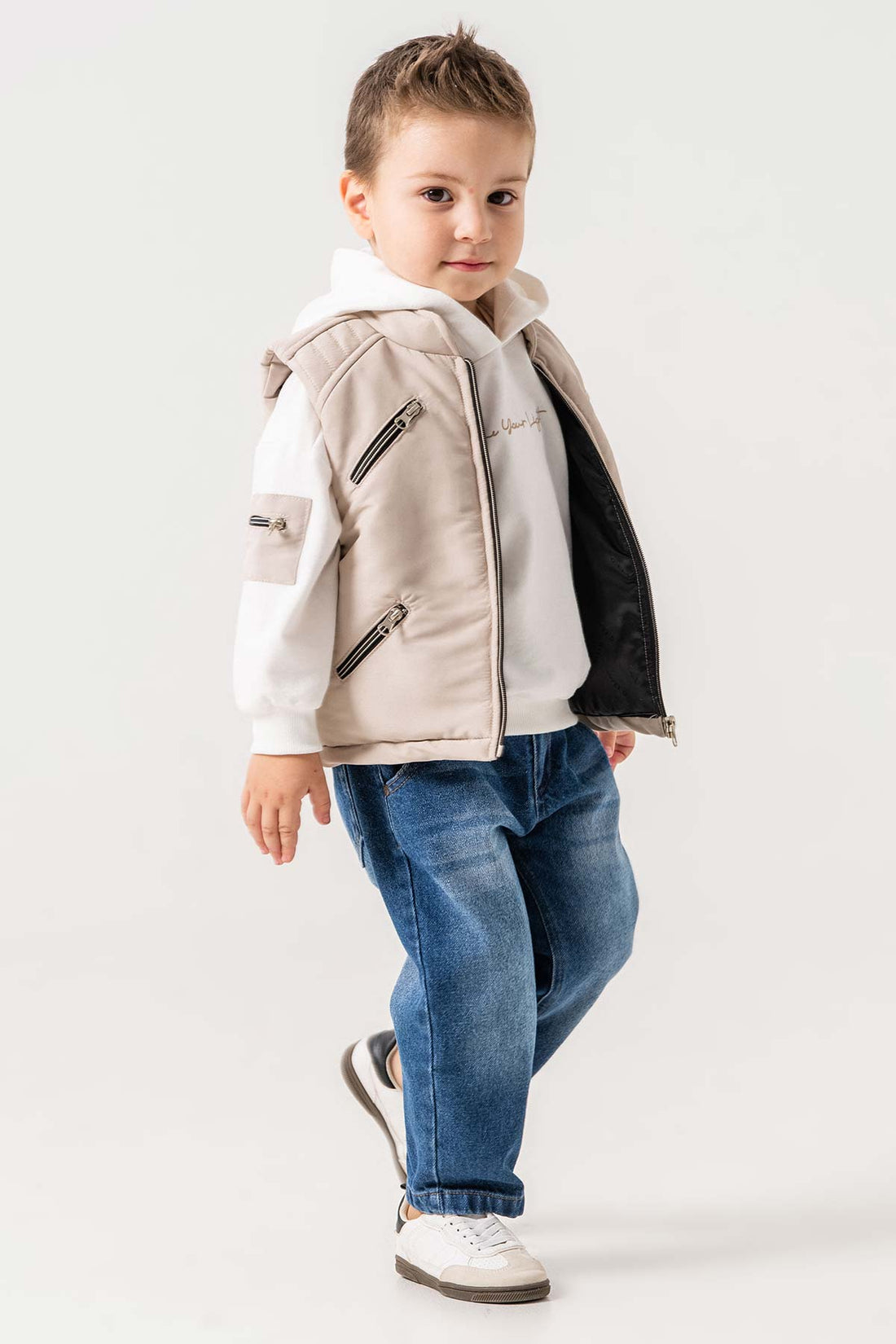 Uzun Kollu Kapüşonlu Sweatshirtlü Fermuarlı 3 Parça Erkek Çocuk Yelekli Takım