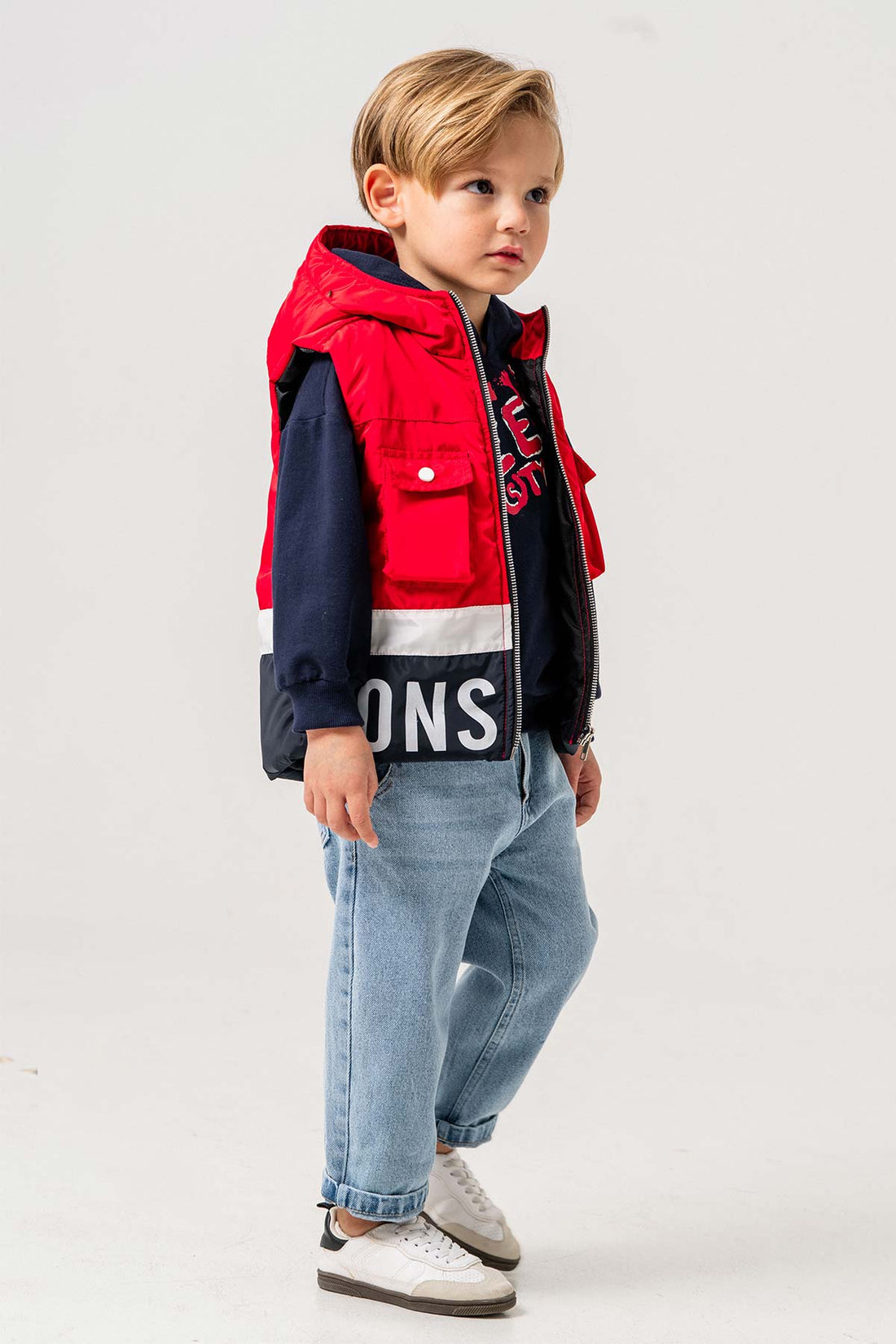 Su Geçirmez Astarlı Kapüşonlu 3 Parça Erkek Çocuk Yelekli Takım