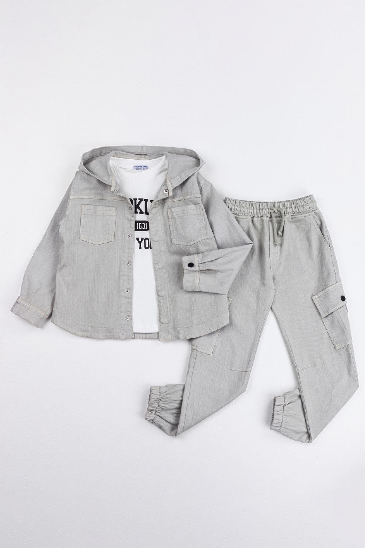 Gizli Çıtçıtlı Kapüşonlu Cepli Gabardin 3'lü Erkek Çocuk Ceketli Takım