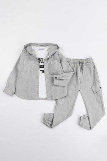 Gizli Çıtçıtlı Kapüşonlu Cepli Gabardin 3'lü Erkek Çocuk Ceketli Takım