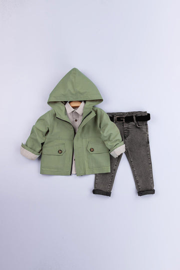 Kapüşonlu Cepli Fermuarlı Erkek Çocuk Trençkot Takım