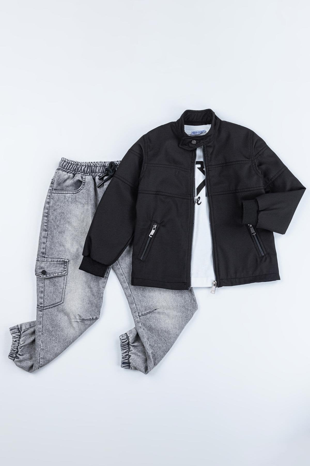 Çift Cepli Çıtçıtlı Yaka Fermuarlı 3'lü Erkek Çocuk Ceketli Takım