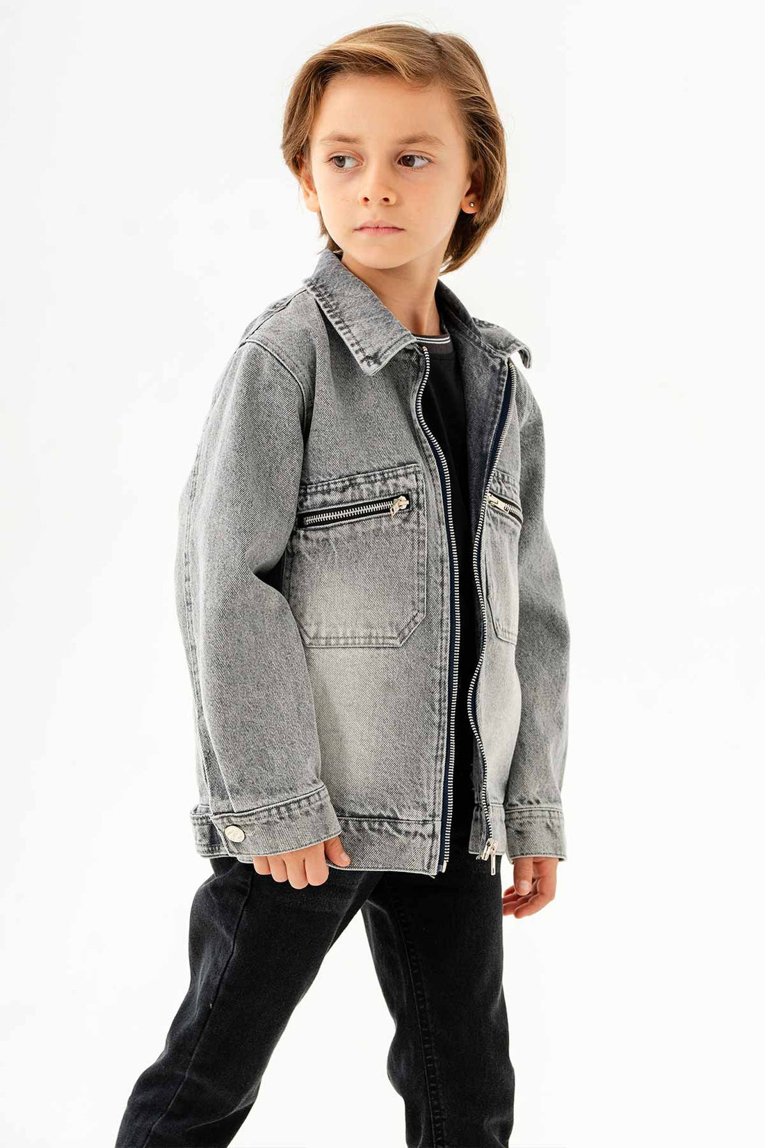 Çift Cepli Fermuarlı Göğüs Cepli Erkek Çocuk Kot Ceket