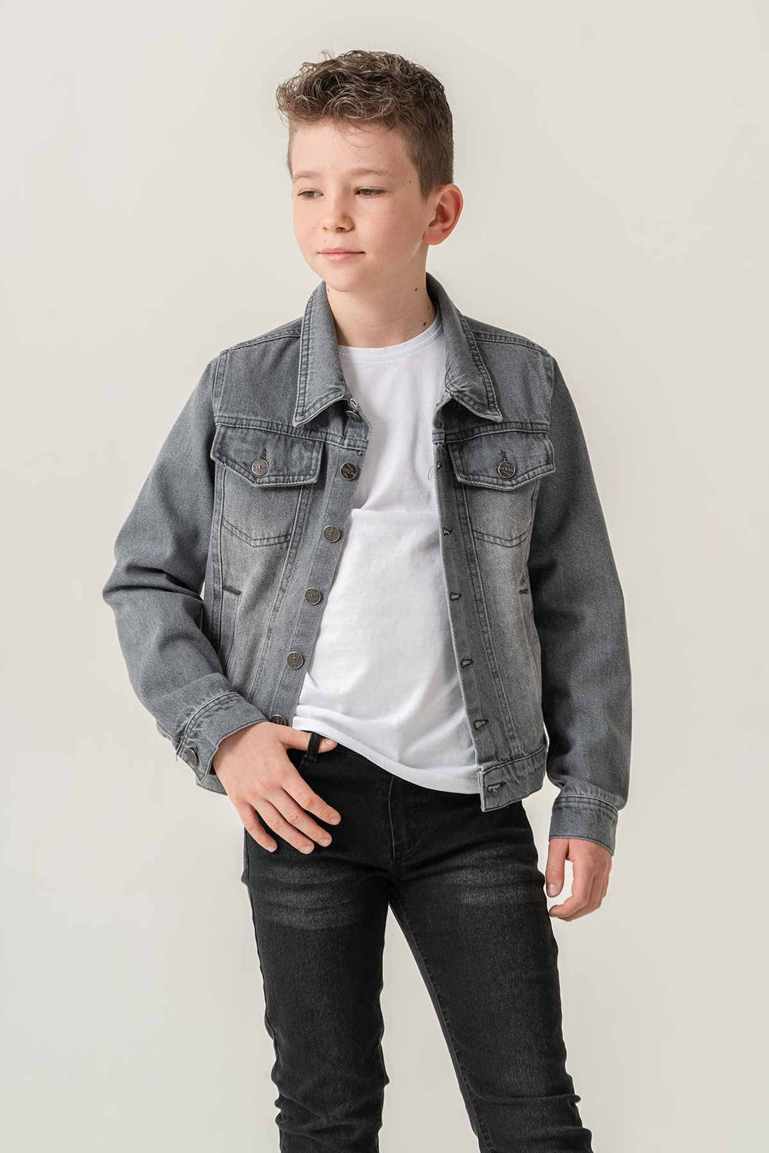 Çift Cepli Düğmeli Kot Erkek Çocuk Ceket