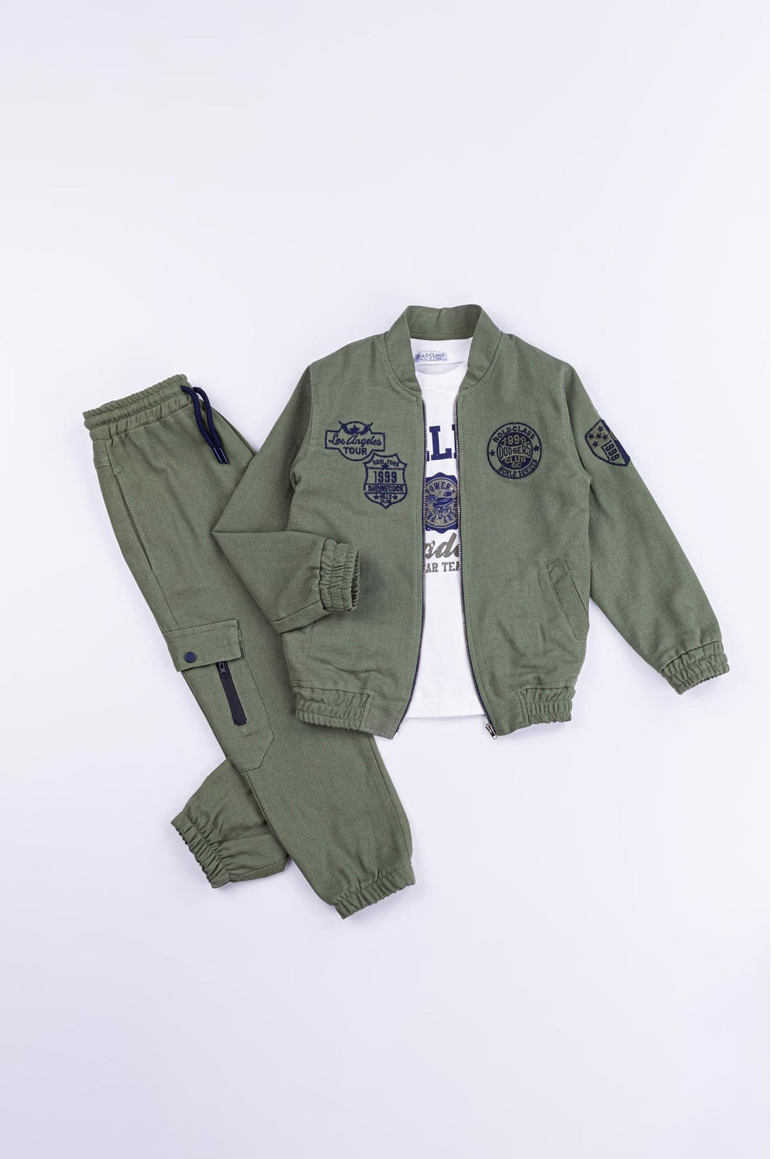 Gold Class Nakışlı Cepli Fermuarlı Keten 3 Parça Erkek Çocuk Ceketli Takım